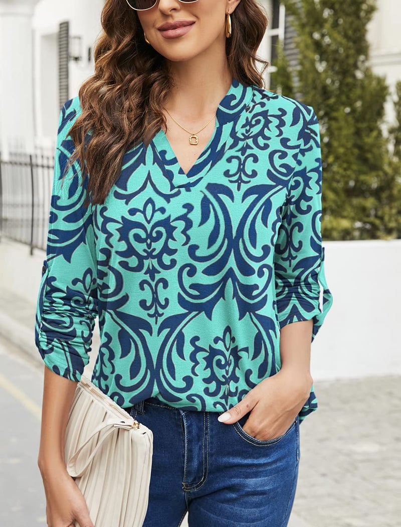 Halife Womens Casual Tunic Shirts Long Sleeve Floral Print Pullover Tunic Blouse Tops Winter Teacher Outfits Green M - Image 4